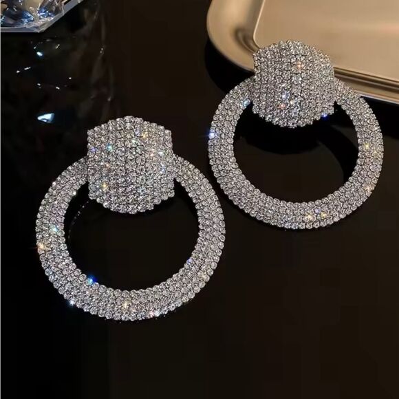 Big Bold Rhinestone Silver Hoop Earrings Circle Pave Crystal Statement Jewelry - Picture 1 of 5